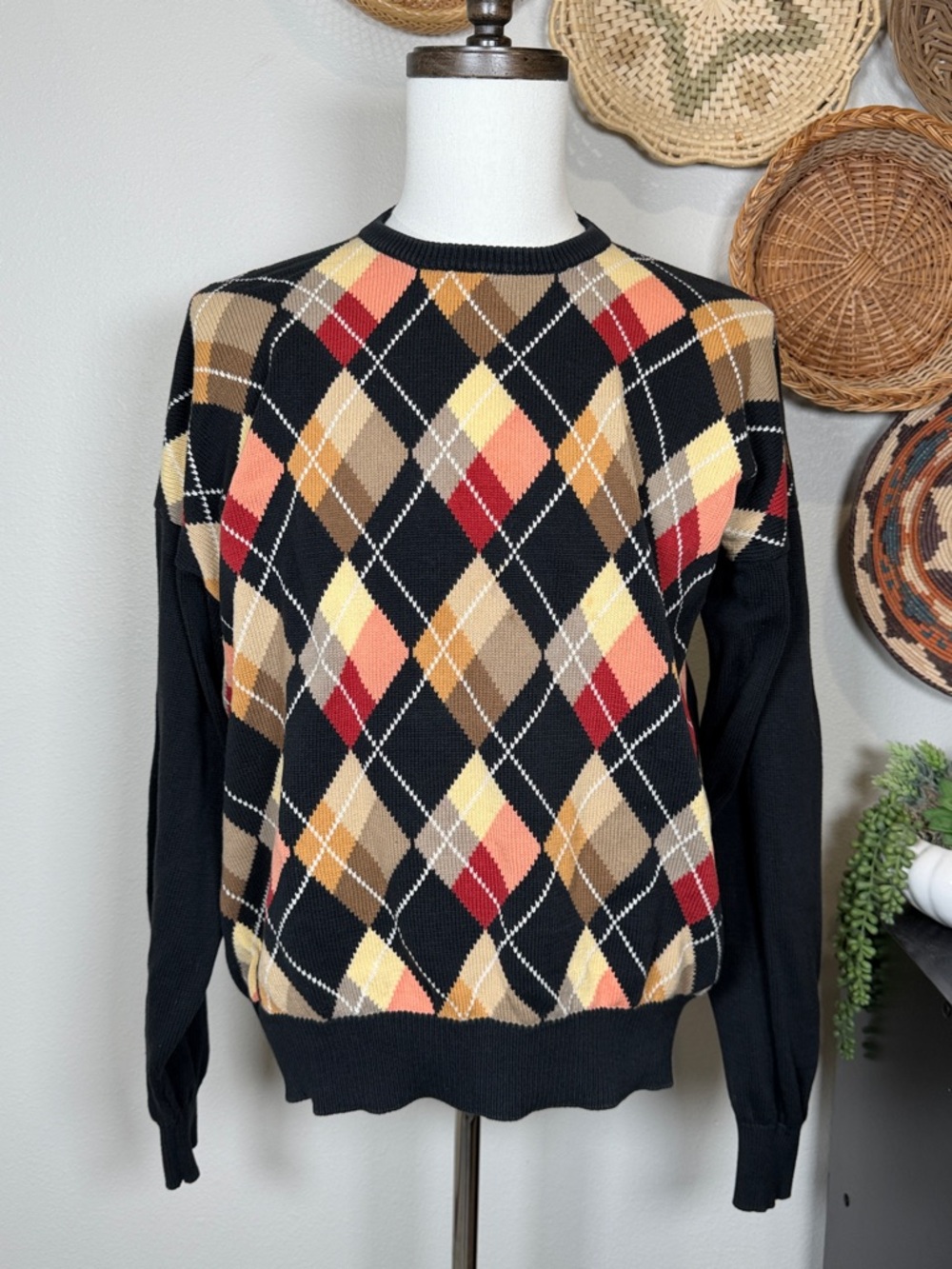 Vintage Mens V Neck Argyle Cotton Sweater Black Yellow Red Pink Tan Gray Size XL